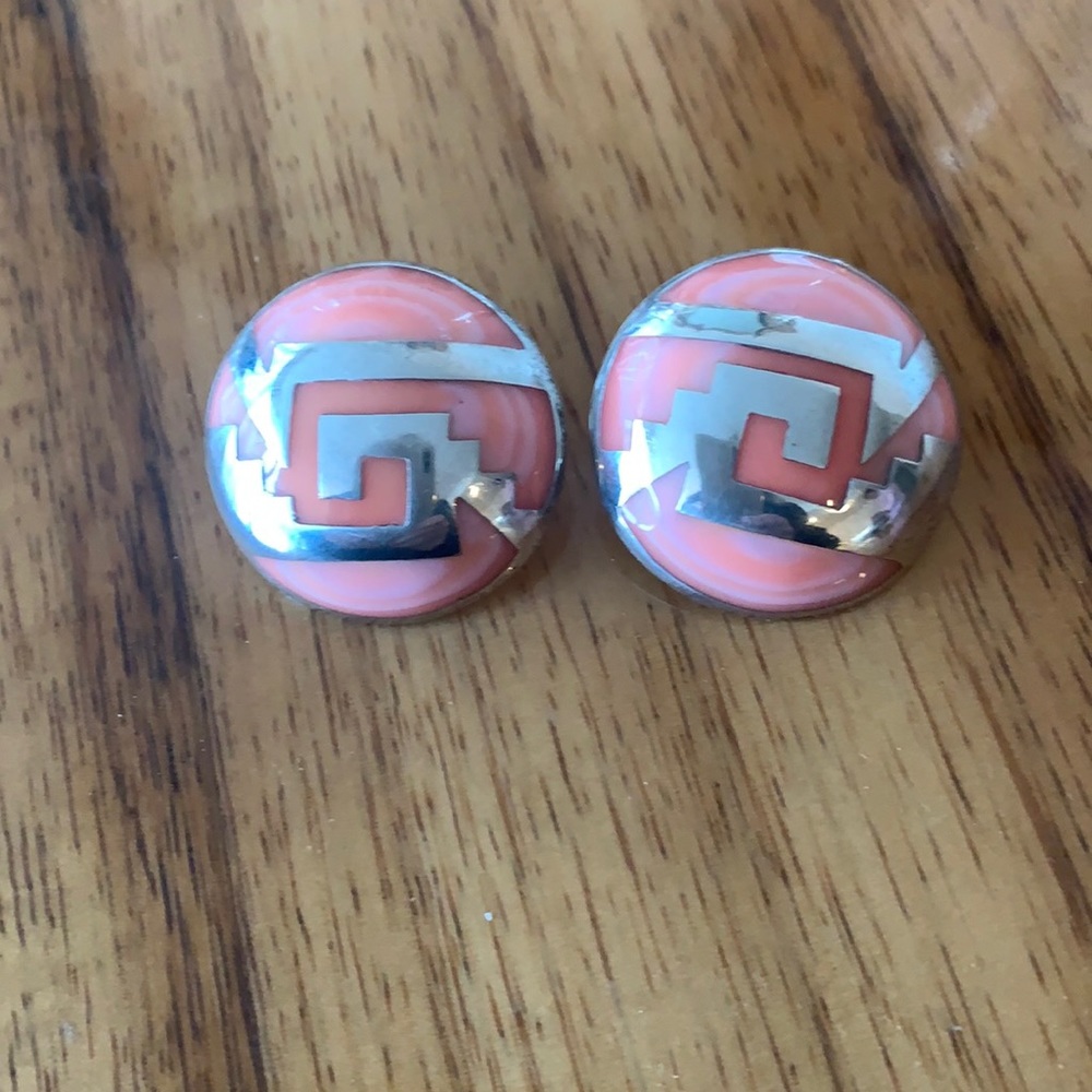 Sterling clip earrings w/ inlaid pink enamel